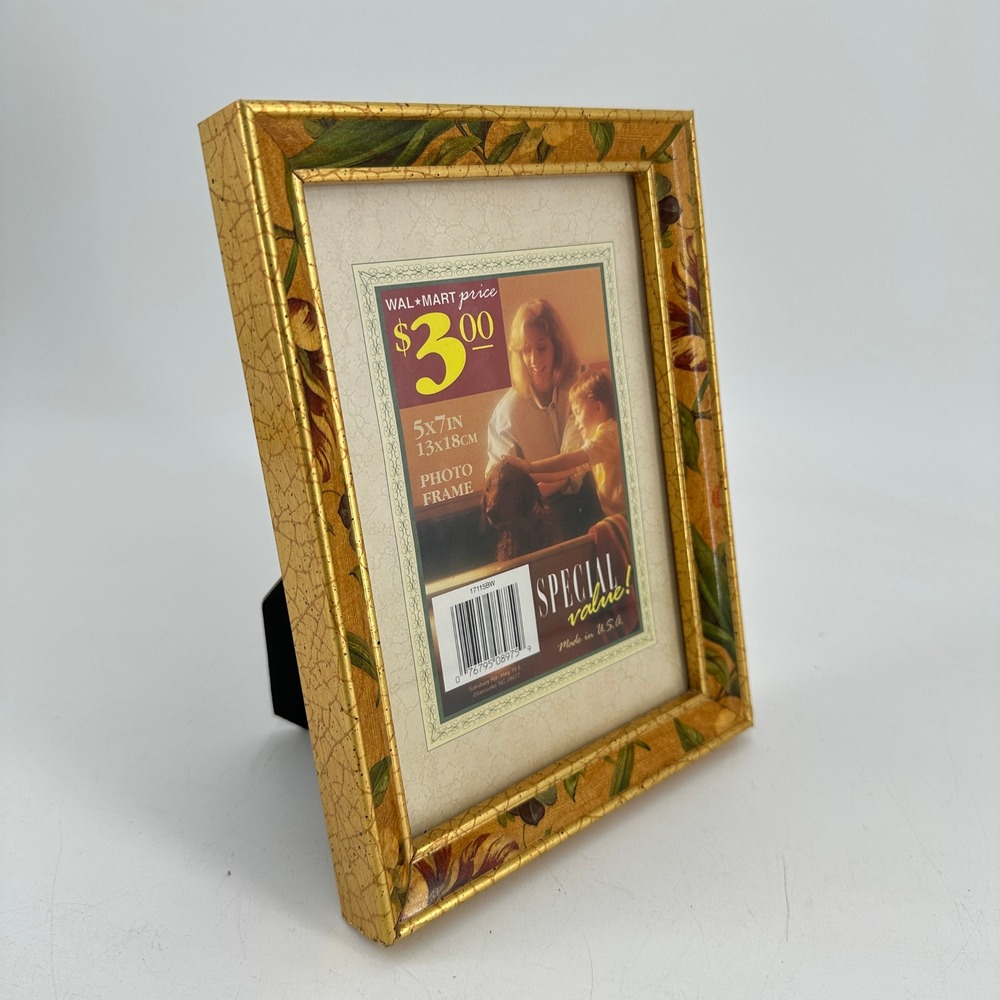 Vintage Gold Crackle Floral 5x7 Photo Frame Tabletop Easel Back USA Made